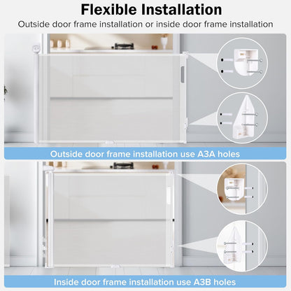 Retractable Baby Safety Gate, 33.8" Tall Extends to 55" Wide, Dual Lock, Adjustable Mounting, Extendable Pet Gate for Hallways, Stairs, Indoor & Outdoor（White）