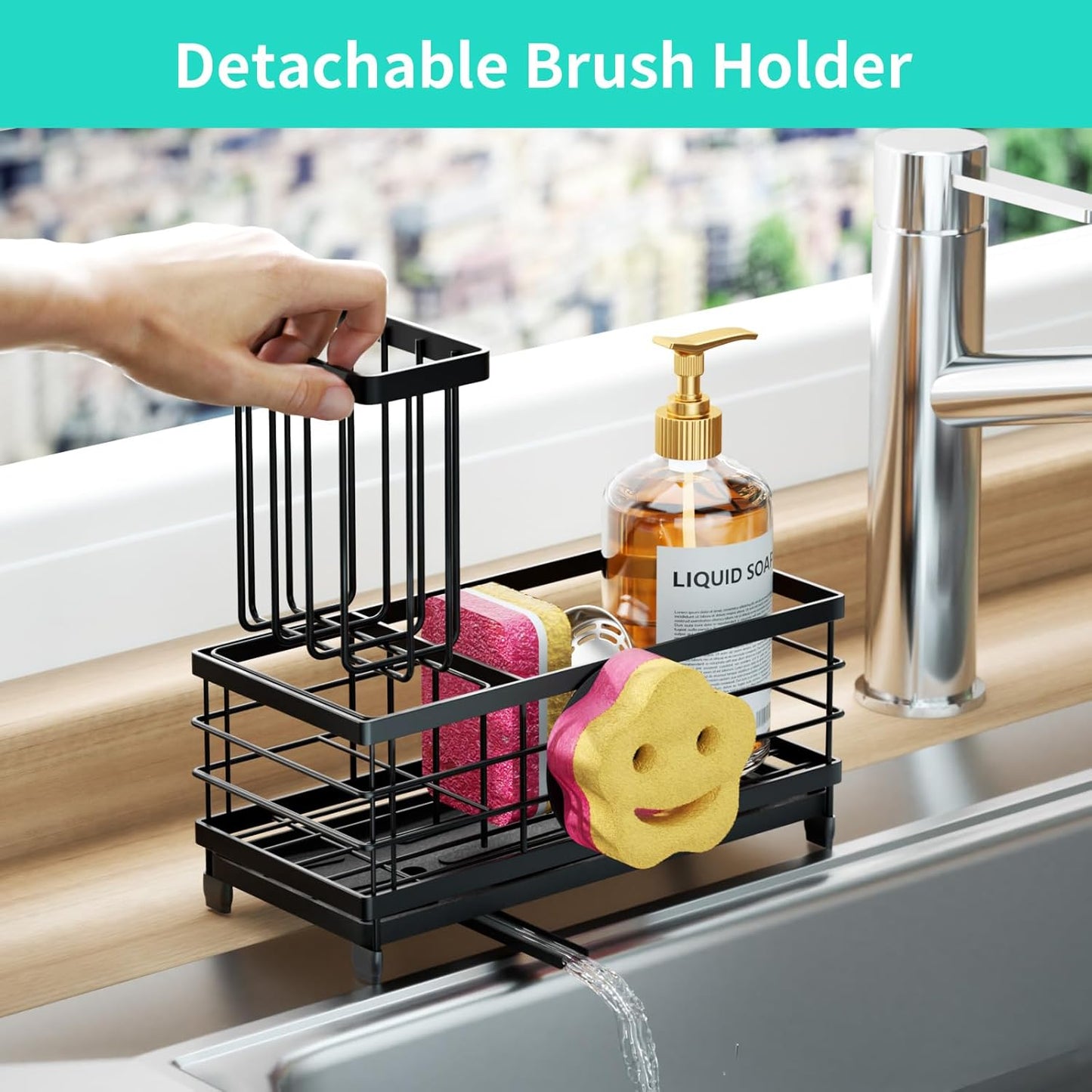 HapiRm Sponge Holder for Kitchen Sink - Self-draining Sink Caddy with Brush and Dishcloth Holders, Stainless Steel Kitchen Countertop Organizers and Storage Essentials - Black