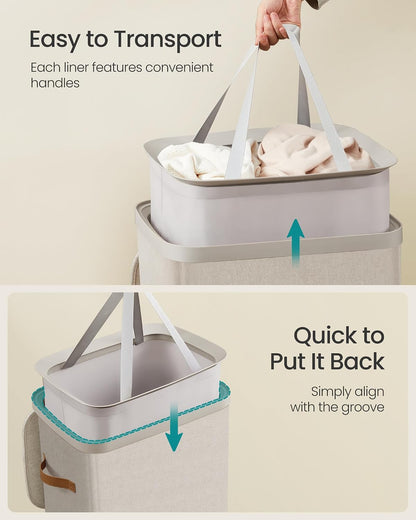 SONGMICS Laundry Basket, 50.2 Gal. Laundry Hamper, 3 Compartments, Easy Assembly, with Lid and Handles, Removable Liners, 25.2 x 15.7 x 29.5 Inches, Cappuccino Beige ULCB814LH01