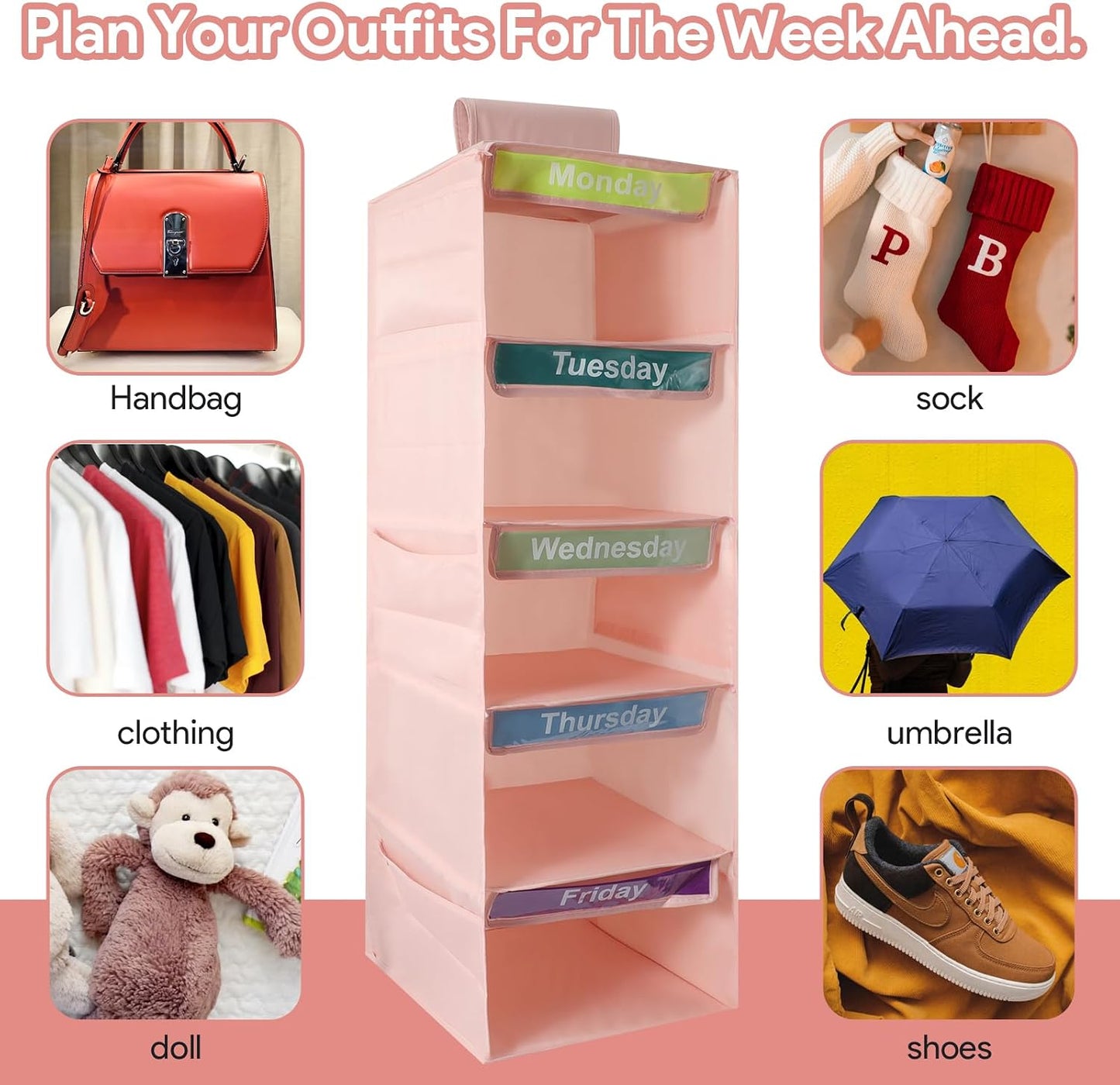 5-Shelf Weekly Clothes Organizer for Kids Days of The Week Hanging Storage Shelves Dorm Room Essential Daily Shelf Hanging Closet Organizer with 6 Side Pockets…