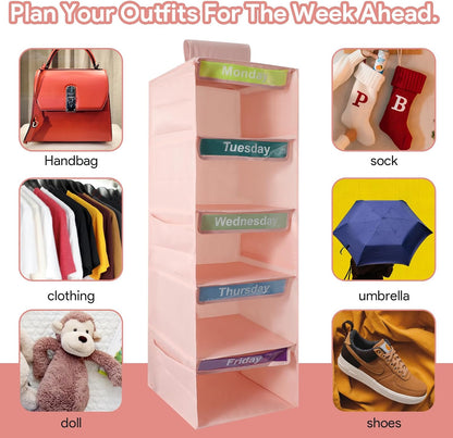 5-Shelf Weekly Clothes Organizer for Kids Days of The Week Hanging Storage Shelves Dorm Room Essential Daily Shelf Hanging Closet Organizer with 6 Side Pockets…