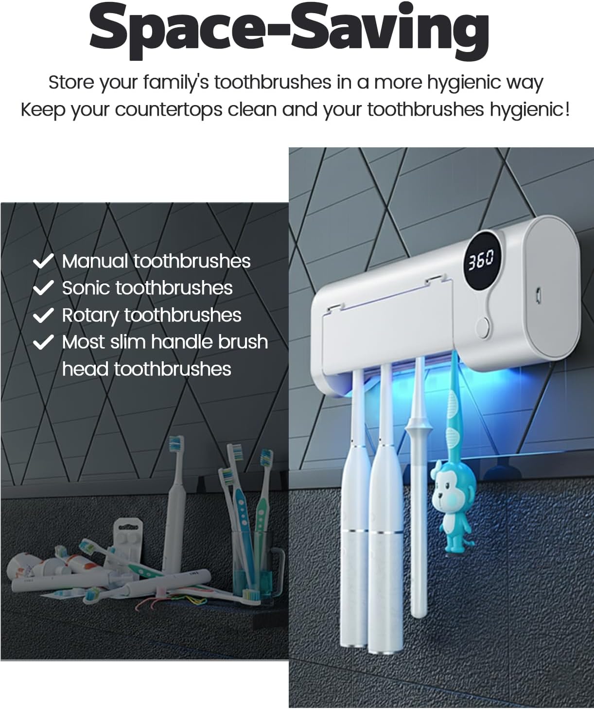 MIMORE Toothbrush Holder, 5 Toothbrush Slots & Timer Function, Cordless Wall Mounted Toothbrush Holders for Bathrooms