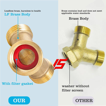 Solid Brass Lead-Free Body Backyard 2 Way Y Valve Garden Hose Connector MHT 3/4 Inch Thread Splitter Adapter,2 Silicone Hose Washers&1 Gasket with Screen&Teflon Tape