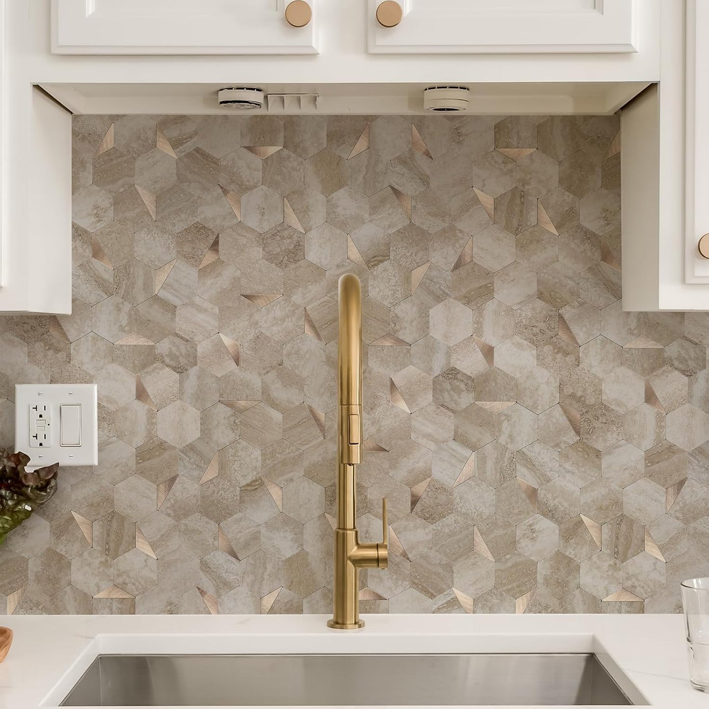 10-Sheet Heavy-Duty Hexagon Peel and Stick Backsplash, Thick Waterproof &Heat Resistant Stick on Wall Tiles, Slate Beige Mosaic for Kitchen & Bathroom, Strong Adhesive Permanent PVC Tiles