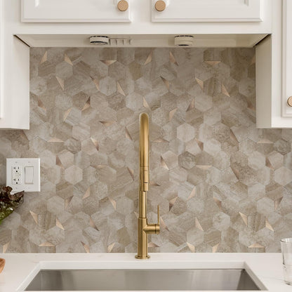 10-Sheet Heavy-Duty Hexagon Peel and Stick Backsplash, Thick Waterproof &Heat Resistant Stick on Wall Tiles, Slate Beige Mosaic for Kitchen & Bathroom, Strong Adhesive Permanent PVC Tiles