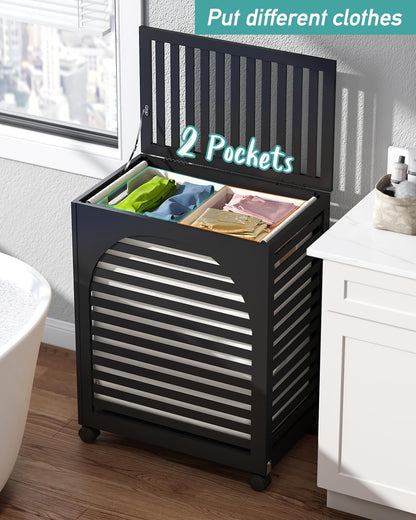 Black Laundry Hamper with Wheels, Laundry Basket with Lid, 22.5 Gallon (85L) Bamboo Wood Clothes Laundry Hamper 2 Section with Handles, Removable Liner