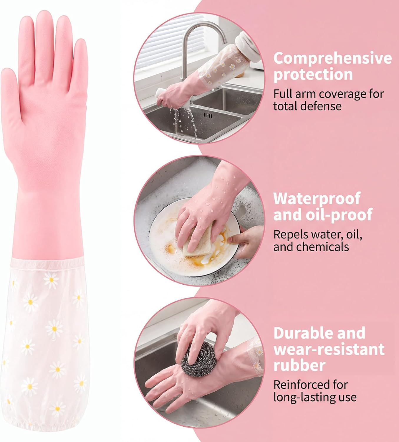 Reusable Pink Rubber Gloves, Pink Dishwashing Cleaning Gloves, Non-Slip Laundry Kitchen Gardening Household Gloves with Long Elastic Cuffs