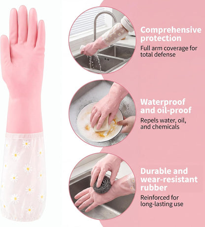 Reusable Pink Rubber Gloves, Pink Dishwashing Cleaning Gloves, Non-Slip Laundry Kitchen Gardening Household Gloves with Long Elastic Cuffs