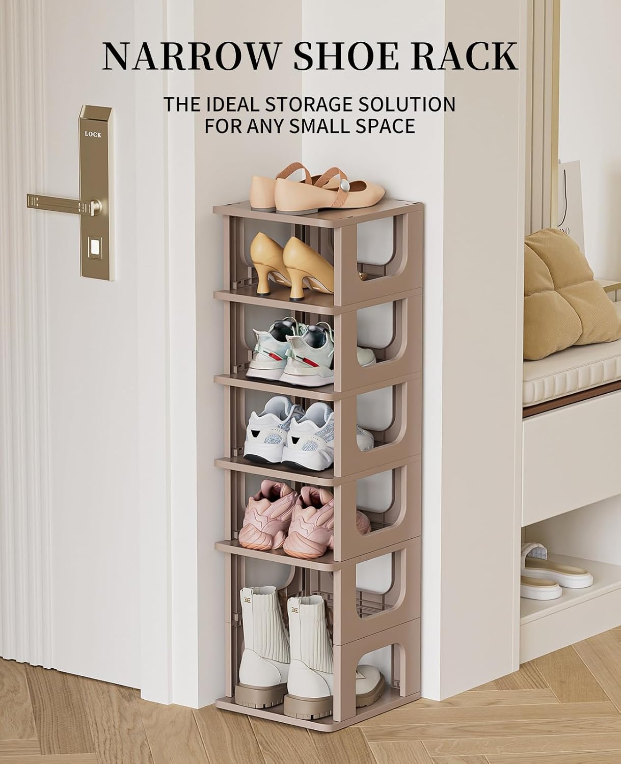 HAIXIN Shoe Organizer Rack for Small Spaces 5 Tier Plastic Vertical Narrow Shelves for Closet Black Shoe Holder, Stand for Entryway Storage Boots Organizer Stackable Cabinet