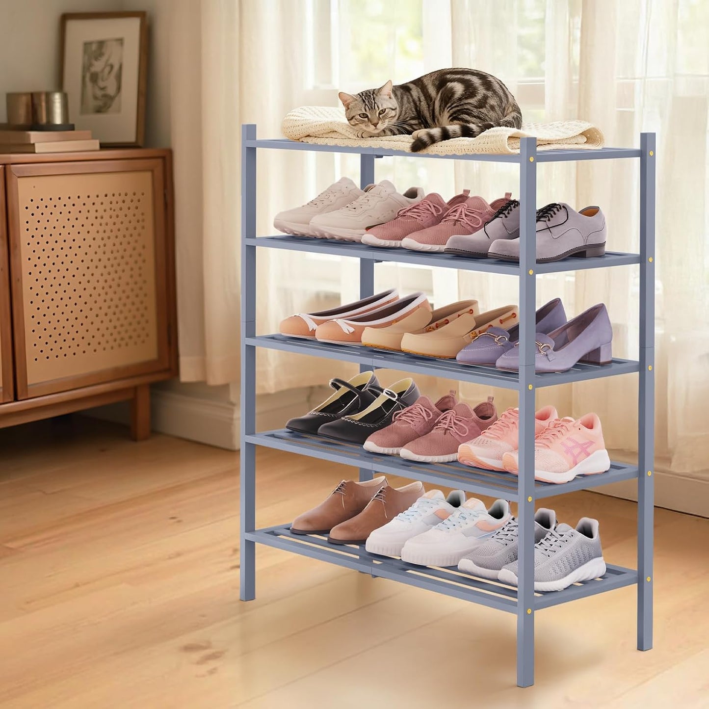 Smiry Bamboo Shoe Rack, 3 Tier Free Standing Wooden Shoe Organizer, Stackable Wood Shoe Storage Shelf for Closet, Entryway, 5 Horizontal Slats, 26.8"x11"x18.3", Natural