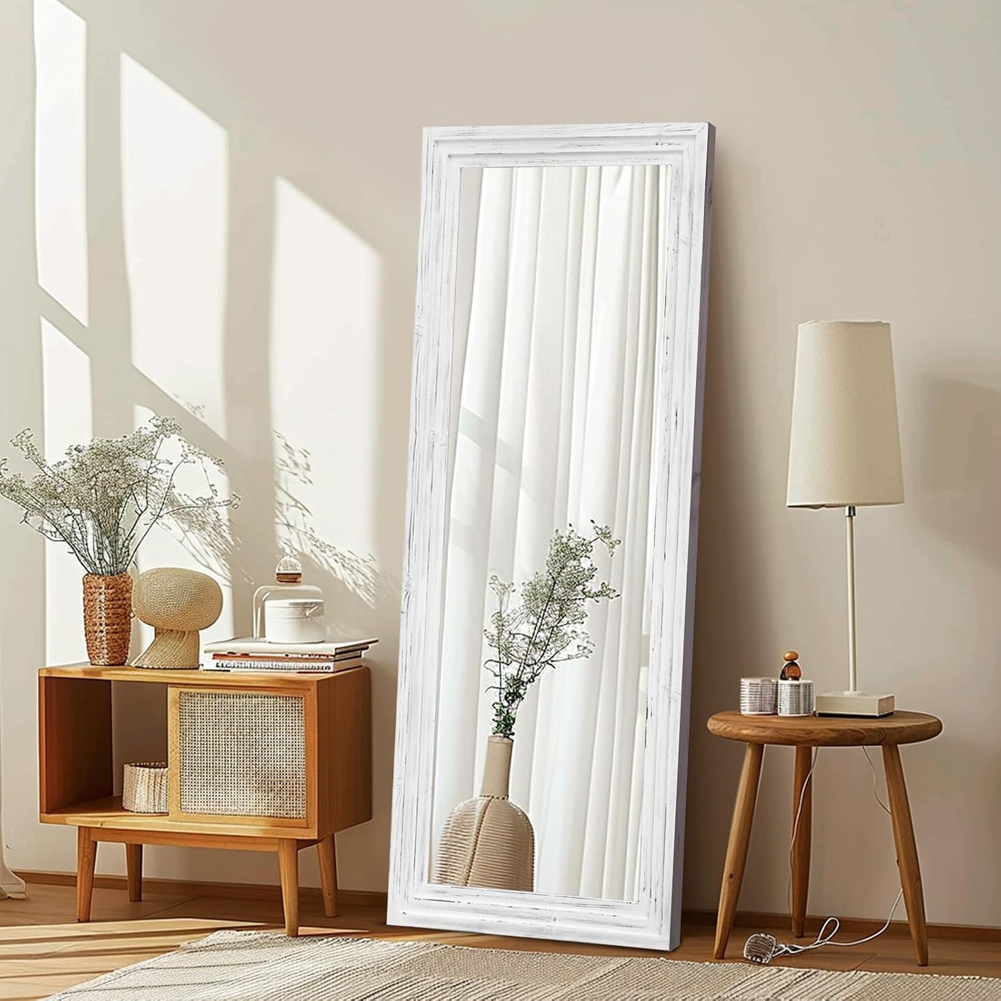 Full Length Mirror 65"x22" with Stand Solid Wood Frame Floor Large Mirror for Living Room, Bedroom Hanging Standing or Leaning Wall-Mounted, New Black