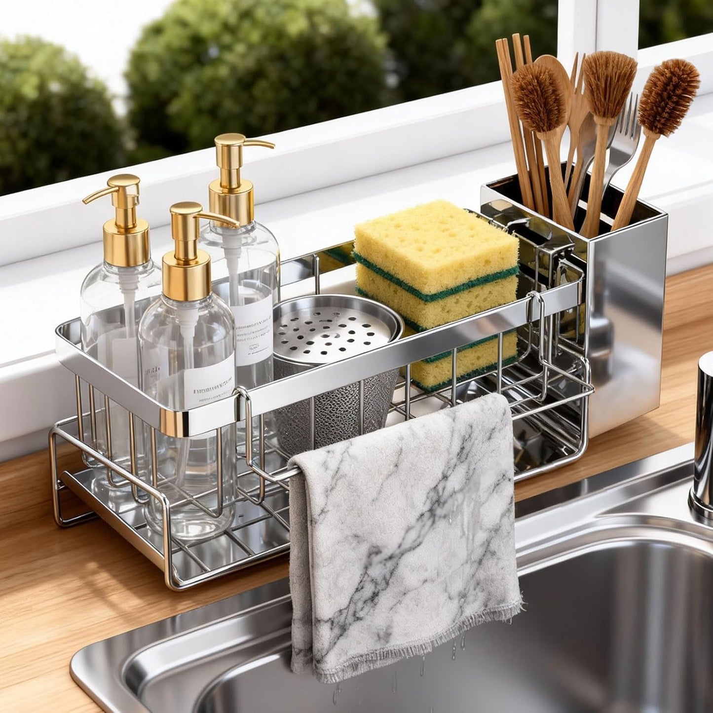 HoMaNa Sponge Holder for Kitchen Sink, Stainless Steel Sink Caddy Organizer, 30° Tilt Self-Drainage, Sponge Holder with Dish Brush Holder, Removable Dishcloth Rack for Kitchen Storage Box, Silver