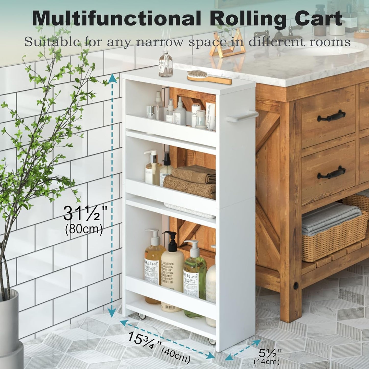 MARTY Slim Rolling Storage Cart 4-Tier Kitchen Cart with Wheels, Laundry Room Storage with Handle Slide Out Utility Cart Shelving Unit Organizer Trolley for Narrow Places Bathroom Small Corner, Black