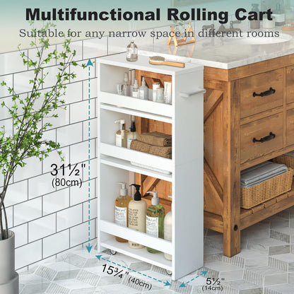 MARTY Slim Rolling Storage Cart 4-Tier Kitchen Cart with Wheels, Laundry Room Storage with Handle Slide Out Utility Cart Shelving Unit Organizer Trolley for Narrow Places Bathroom Small Corner, Black