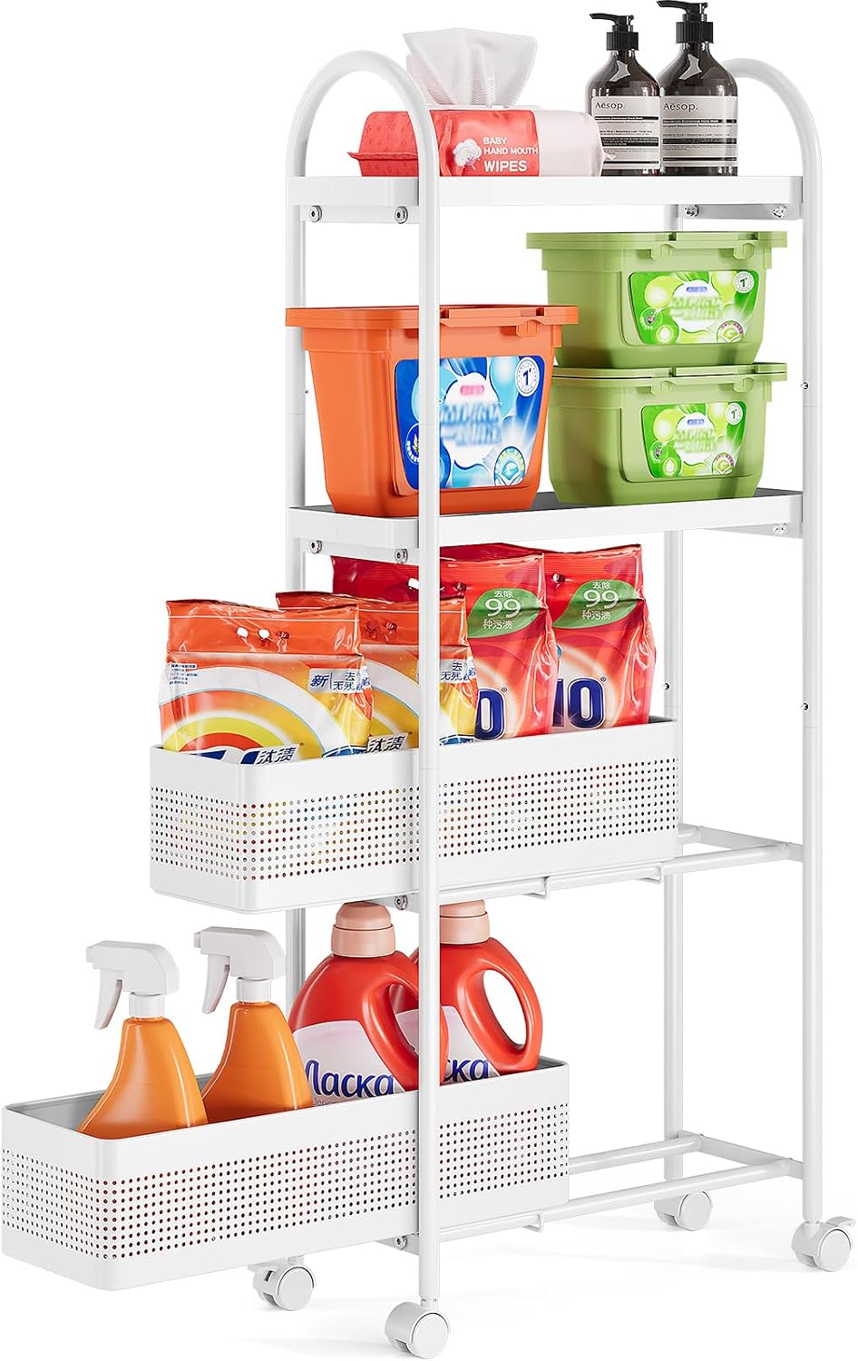 KINGRACK Slim Storage Cart with Drawer, 5-Tier Rolling Utility Cart on Wheels, Narrow Metal Cart for Space Save, Easy Assembly for Kitchen Cart, Craft Cart, Laundry, Bathroom, Nursery Organizer