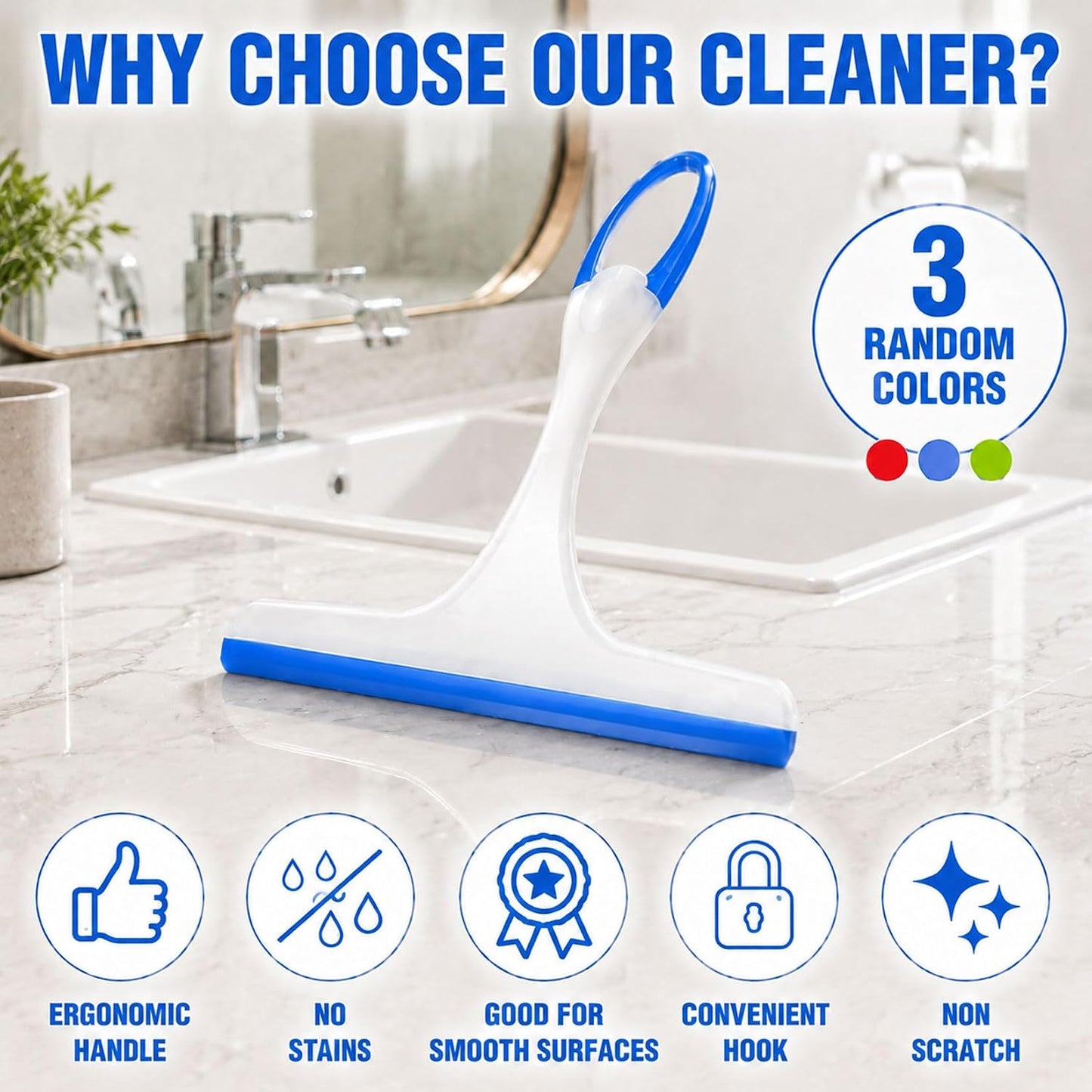 3 Pcs Shower Squeegee for Glass Doors, Car Window Squeegee, Streak-Free Mirror Cleaner Tool for Bathroom Kitchen Sink Countertop Tile Glass Shower Door Scraper Household Squeegees, with 3 Hooks