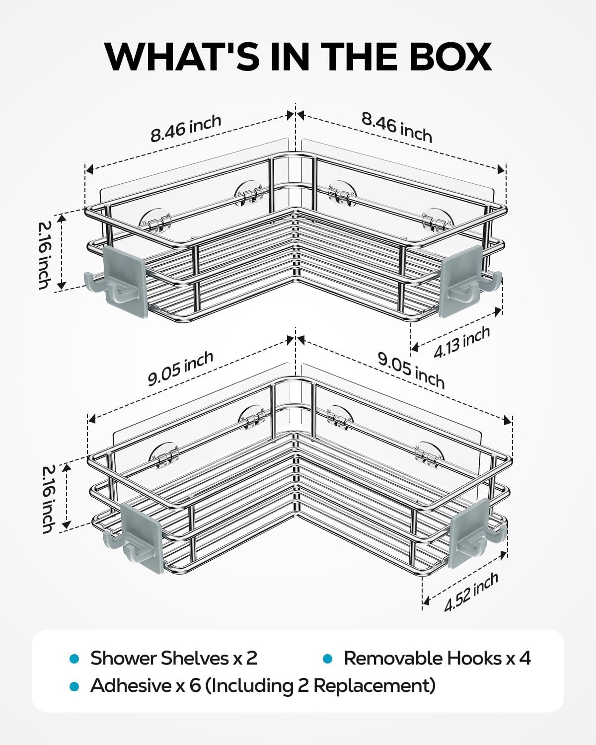 Nieifi Corner Shower Shelves Stainless Steel, Adhesive Shower Caddy Basket Rack with Hooks, Rust Proof for Bathroom Shelf Shampoo Holder (Silver, 2 Pack)