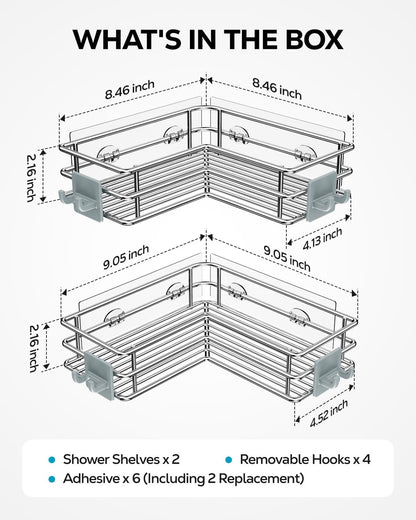Nieifi Corner Shower Shelves Stainless Steel, Adhesive Shower Caddy Basket Rack with Hooks, Rust Proof for Bathroom Shelf Shampoo Holder (Silver, 2 Pack)