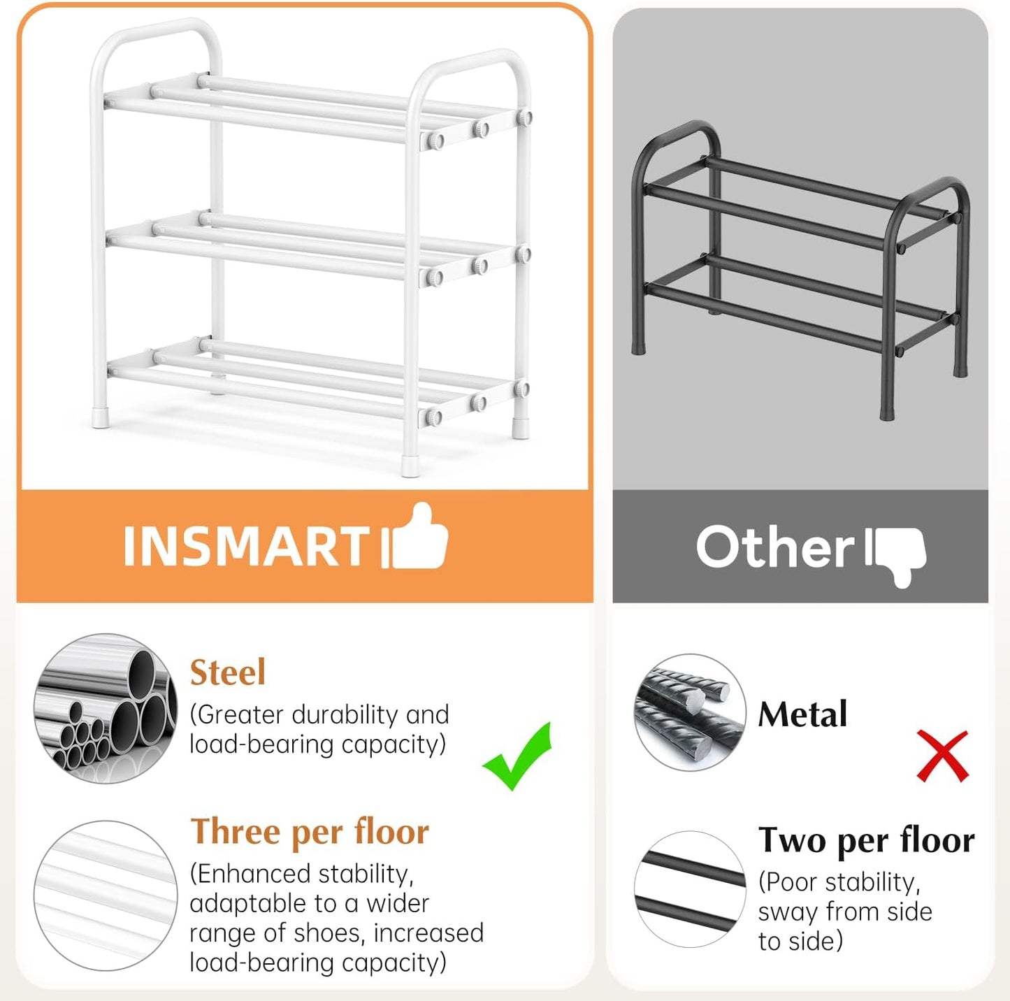 INSMART 3-Tier Expandable Shoe Rack, Stackable and Adjustable Shoes Organizer Storage Shelf, Sturdy and Durable Metal Structure Free Standing Shoe Rack for Closet Entryway Doorway