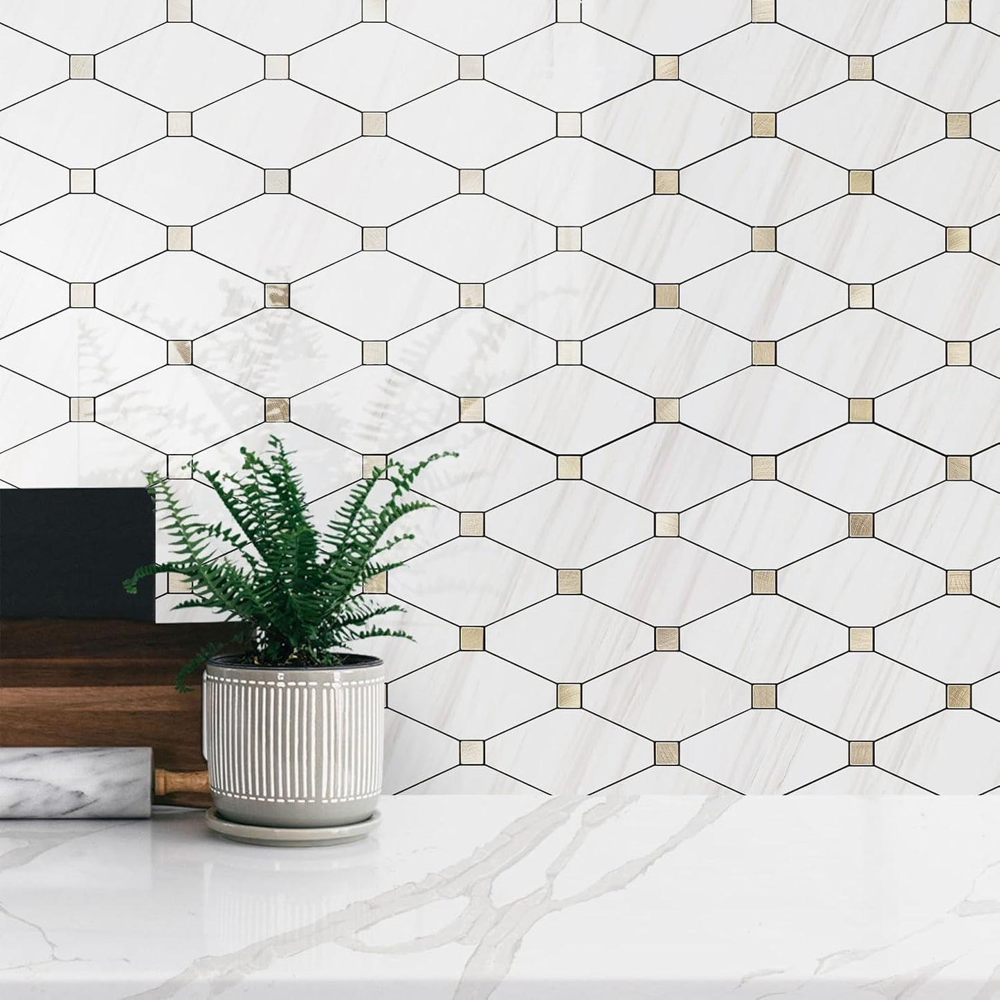 STICKGOO 10 Sheets Peel and Stick Backsplash, Polished Dolomite PVC Mixed Metal Gold Kitchen Backsplash, Stick on Backsplash Wall Tiles for Kitchen, Bathroom, RV
