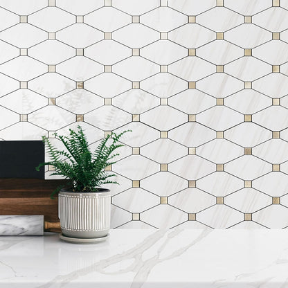 STICKGOO 10 Sheets Peel and Stick Backsplash, Polished Dolomite PVC Mixed Metal Gold Kitchen Backsplash, Stick on Backsplash Wall Tiles for Kitchen, Bathroom, RV