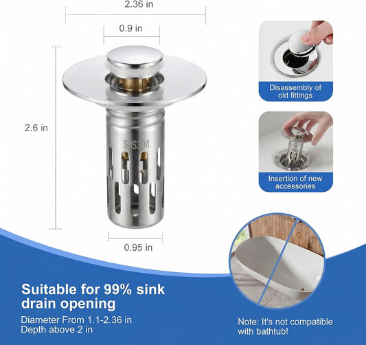 Chrome Bathroom Sink Drain Strainer, Upgraded 3 in 1 Universal Pop Up Stopper with Removable 304 Stainless Steel Filter Basket or Hair Catcher, Bullet Core, Sink Plug for 1.1''~2.36'' Basin, 2 PCS