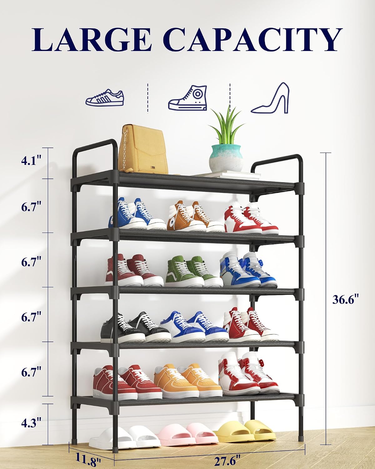 Kitsure Shoe Rack for Closet, Sturdy Shoe Storage for Entryway, Space-Saving Shoe Rack Small and Shoe Shelf, 27.6" Wide, Black