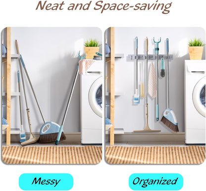 OUTNILI Mop and Broom Holder Wall Mount - Wood Broom Mop Hanger - Wall Mounted Garden Tool Rack Organizer for Closet Garage Laundry Room for Rustic Kitchen Decor With 5 Slots & 4 Hooks