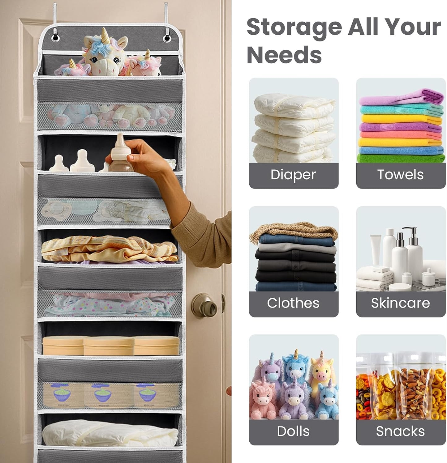 Over The Door Organizer with LifetimeWarranty, 4 Shelves & 4 Side Pockets, Large Storage Rack Holds 44lb, Heavy-Duty Reinforced Mesh Shelf for Bathroom, Closet, Toy Organization, Shoes, Towels, Grey