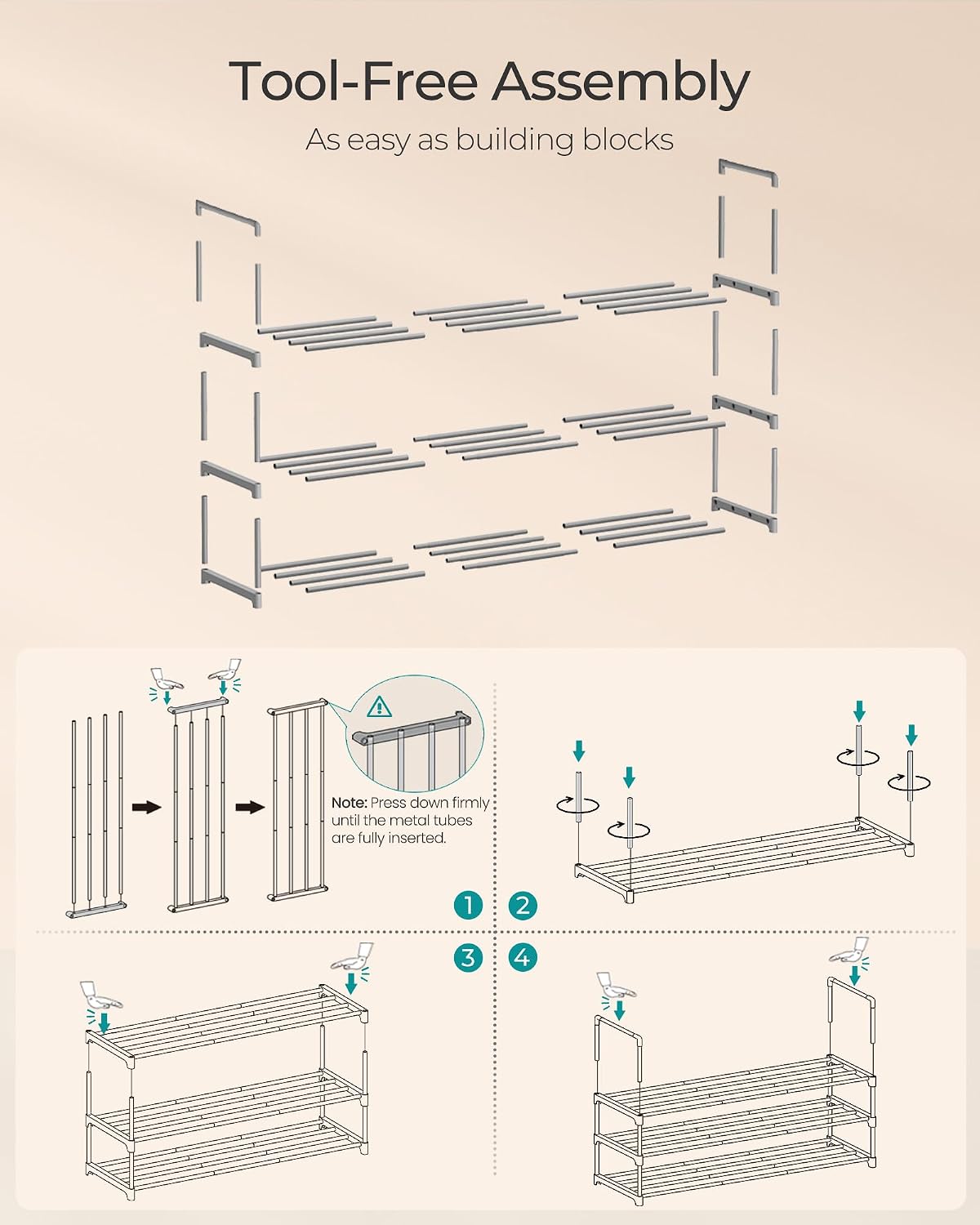 SONGMICS Shoe Rack, 6-Tier Shoe Organizer, Metal Storage Shelf, Upright or Upside Down, for 24-30 Pairs, Stackable, for Entryway, 11.8 x 36.2 x 42.7 Inches, Black ULSA306BH01