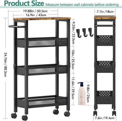 Vivihomety Utility Slim Storage Cart with Wheels, 4 Tier Small Rolling Cart with Wood Top, Metal Kitchen Bathroom Laundry Room Organization Trolley with Handle for Narrow Space – Black
