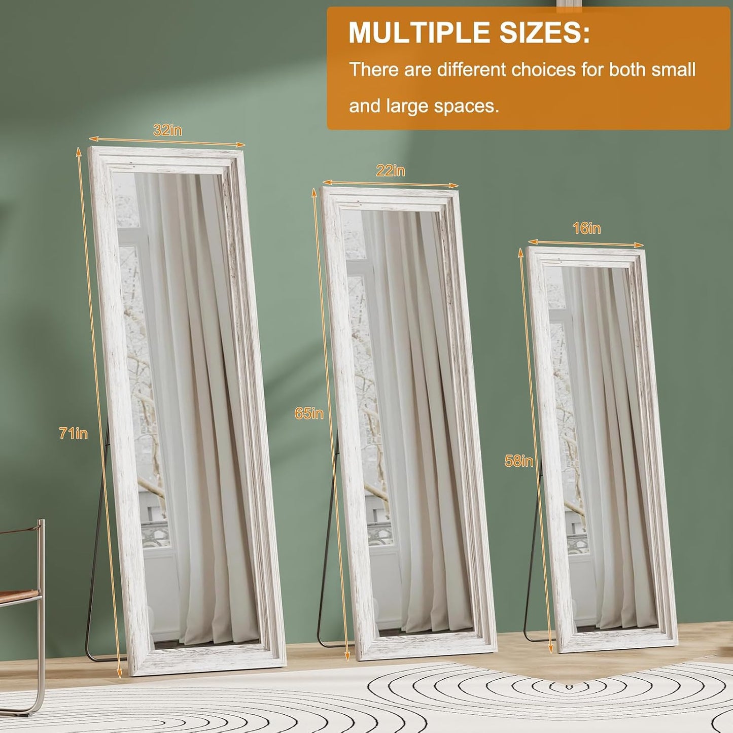 ZHUNFA Full Length Mirror, 71x32 Inch Full Length Mirror Wall Mounted | Vertical Hanging, Leaning Standing for Bedroom, Living Room, Rectangular Wooden Frame, Log Color.