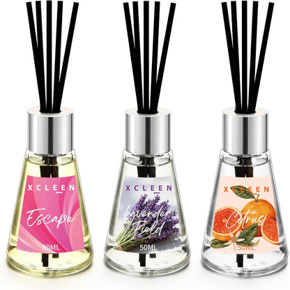 Xcleen 3 Pack Reed Diffuser, Scented Oil Diffuser with 15 Sticks, Escape/Vanilla/Moroccan Amber, Air Freshener for Bathroom & Office, Holiday Home Fragrance, Gift idea, Each 1.7Fl Oz, Total 5.1Oz