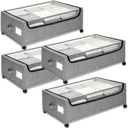 Under Bed Storage with Wheels, 2-Pack Under the Bed Storage Containers with Clear Lids & Label, Underbed Storage Bins, XXXL 85L 11 inches Rolling Metal Drawer for Clothes, Shoes, Toys, Books - Gray