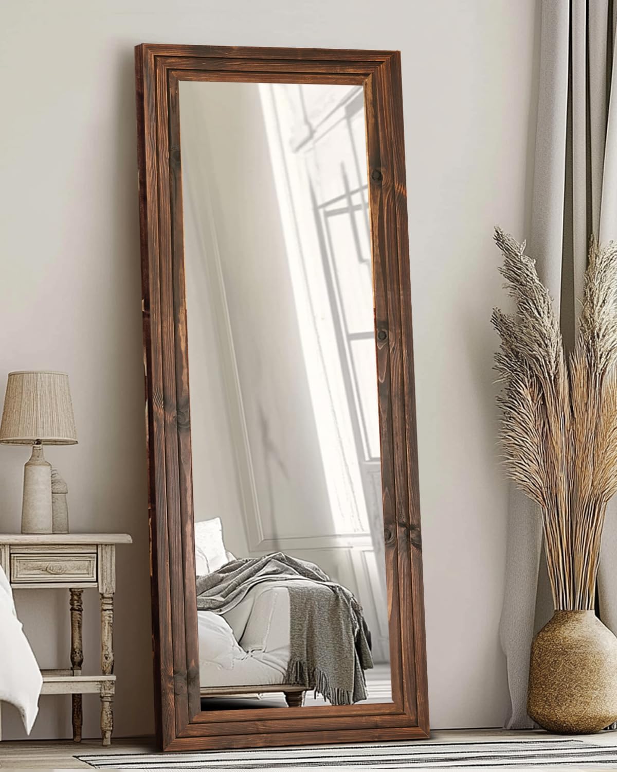 Full Length Mirror 65"x22" with Stand Solid Wood Frame Floor Large Mirror for Living Room, Bedroom Hanging Standing or Leaning Wall-Mounted, New Black