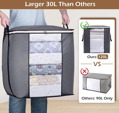KEETDY 120L Extra Large Blanket Storage Bags Breathable Clothes Storage Containers with Reinforced Handles, Fabric Canvas Storage Bags for Beddings, Grey