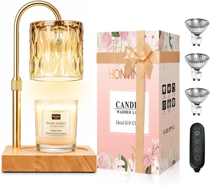 Candle Warmer Lamp with Timer & Dimmer, Candle Warmer Height Adjustable, Fits All Jar Scented Candles, Candle Lamp with 3 Bulbs, Charming Gift Box with Ribbon for Gifting