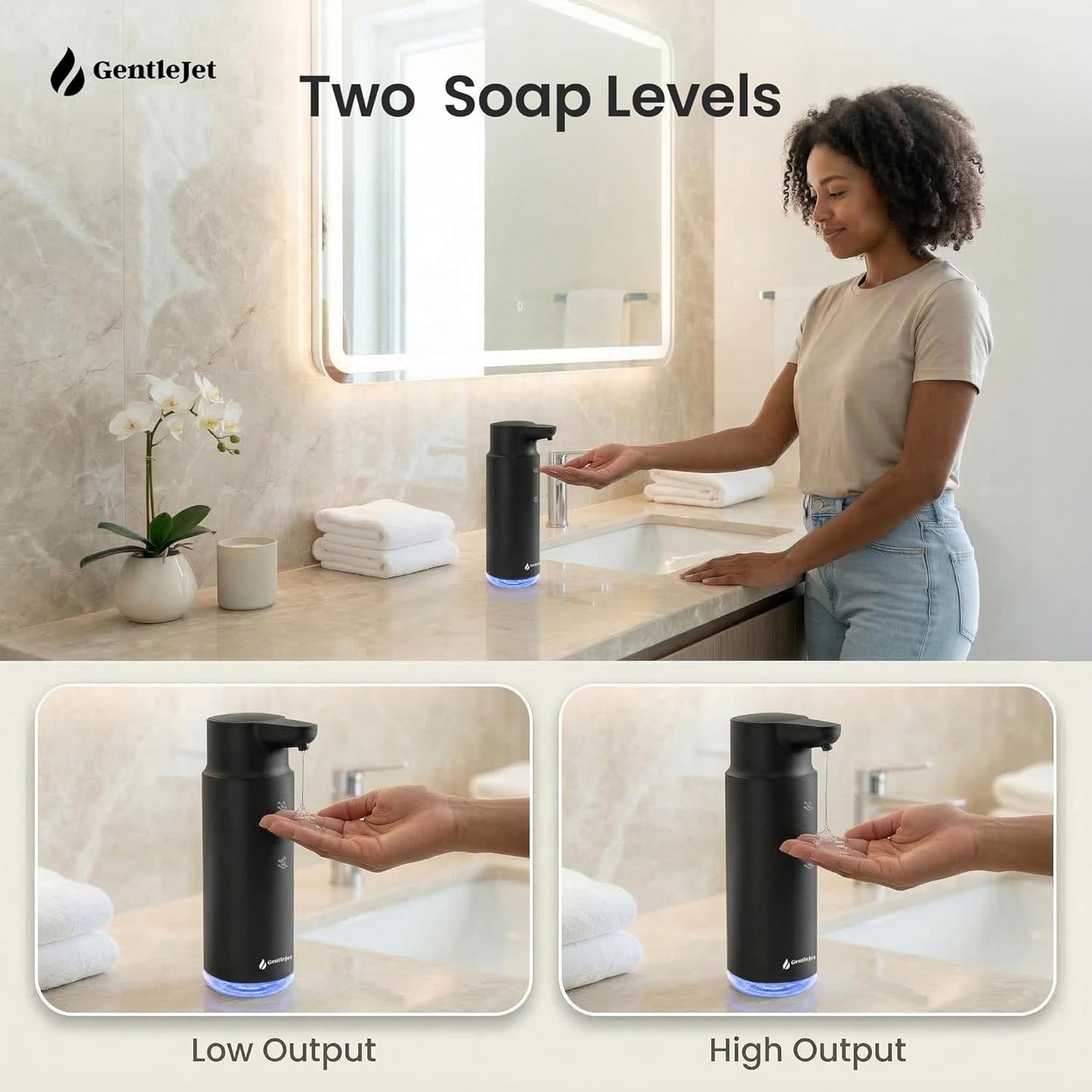 GentleJet CrystalJet Automatic Liquid Soap Dispenser – Touchless Sensor, Stainless Steel, USB-C Rechargeable, Waterproof Kitchen & Bathroom Countertop Soap Dispenser, 300 ml
