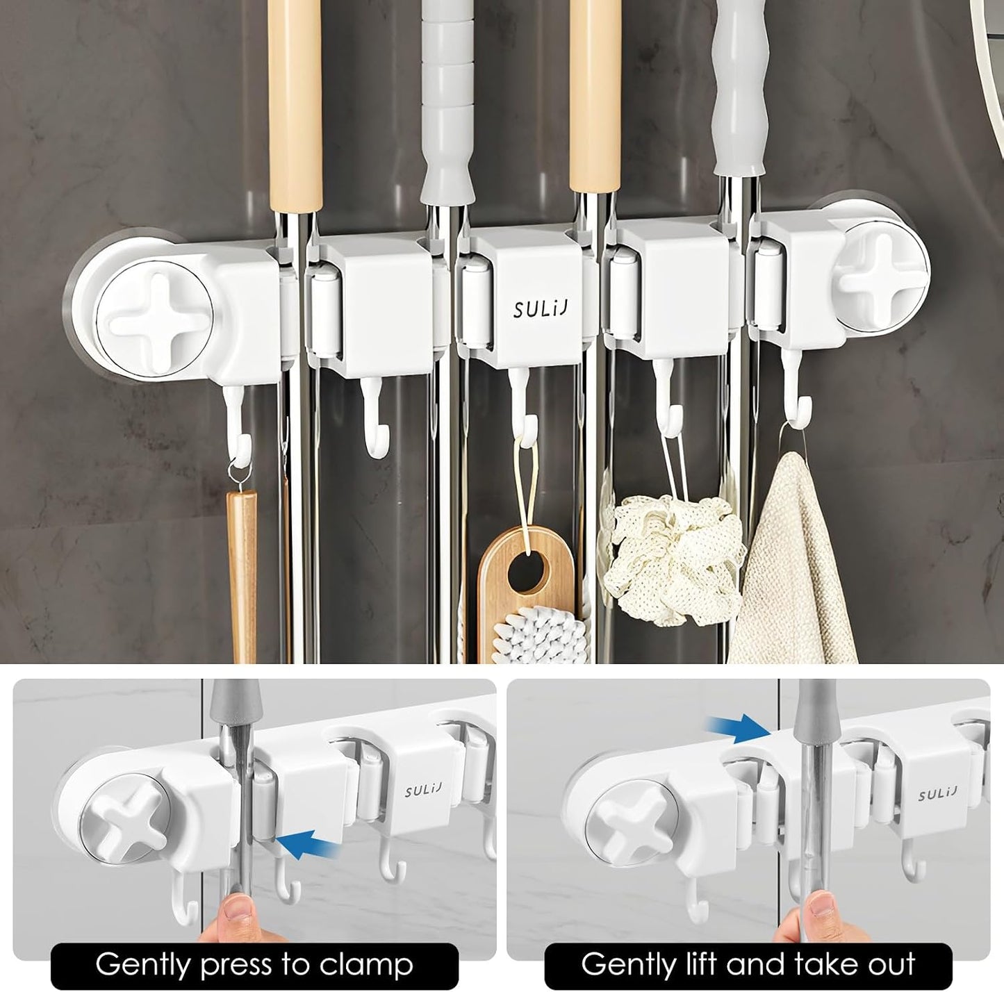 Broom Holder Wall Mount Sturdy Mop and Broom Organizer with 4 Racks and 5 Hooks Vacuum Suction Cup Broom Mop Holder for Home, kitchen, Garden, Tools, Garage