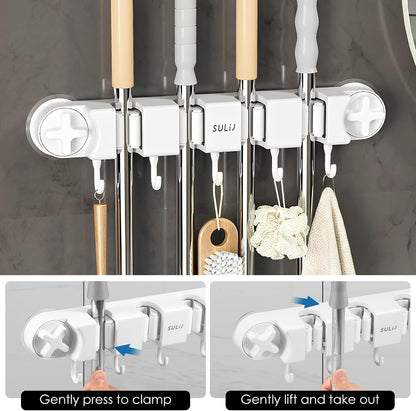 Broom Holder Wall Mount Sturdy Mop and Broom Organizer with 4 Racks and 5 Hooks Vacuum Suction Cup Broom Mop Holder for Home, kitchen, Garden, Tools, Garage