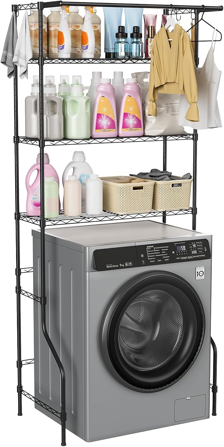 3-Tier Over Washer and Dryer Shelves, Laundry Room Storage Organizer with Hanging Rod, Adjustable Metal Freestanding Drying Rack, 33.46x19.69x77.95 Inches, Black, Fits Most Units Black