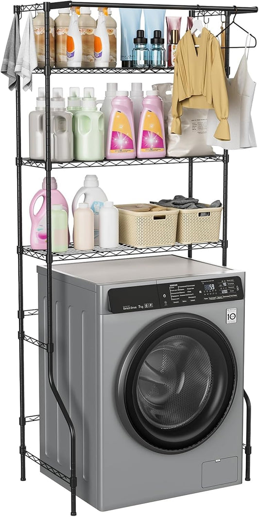 3-Tier Over Washer and Dryer Shelves, Laundry Room Storage Organizer with Hanging Rod, Adjustable Metal Freestanding Drying Rack, 33.46x19.69x77.95 Inches, Black, Fits Most Units Black