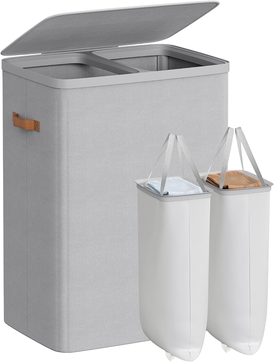 SONGMICS Laundry Basket, 50.2 Gal. Laundry Hamper, 3 Compartments, Easy Assembly, with Lid and Handles, Removable Liners, 25.2 x 15.7 x 29.5 Inches, Cappuccino Beige ULCB814LH01
