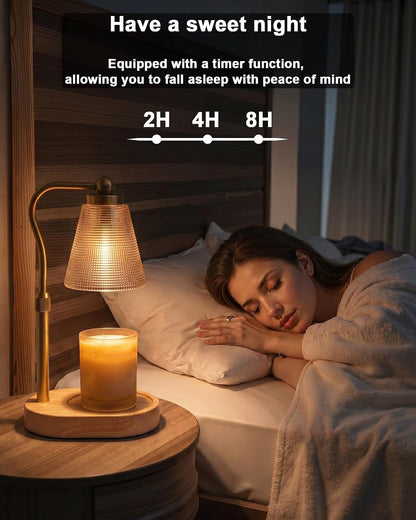 Candle Warmer Lamp with Timer - Adjustable Height & Brightness - Wood Base Glass Shade - 2 Bulbs Included(Square Gold)