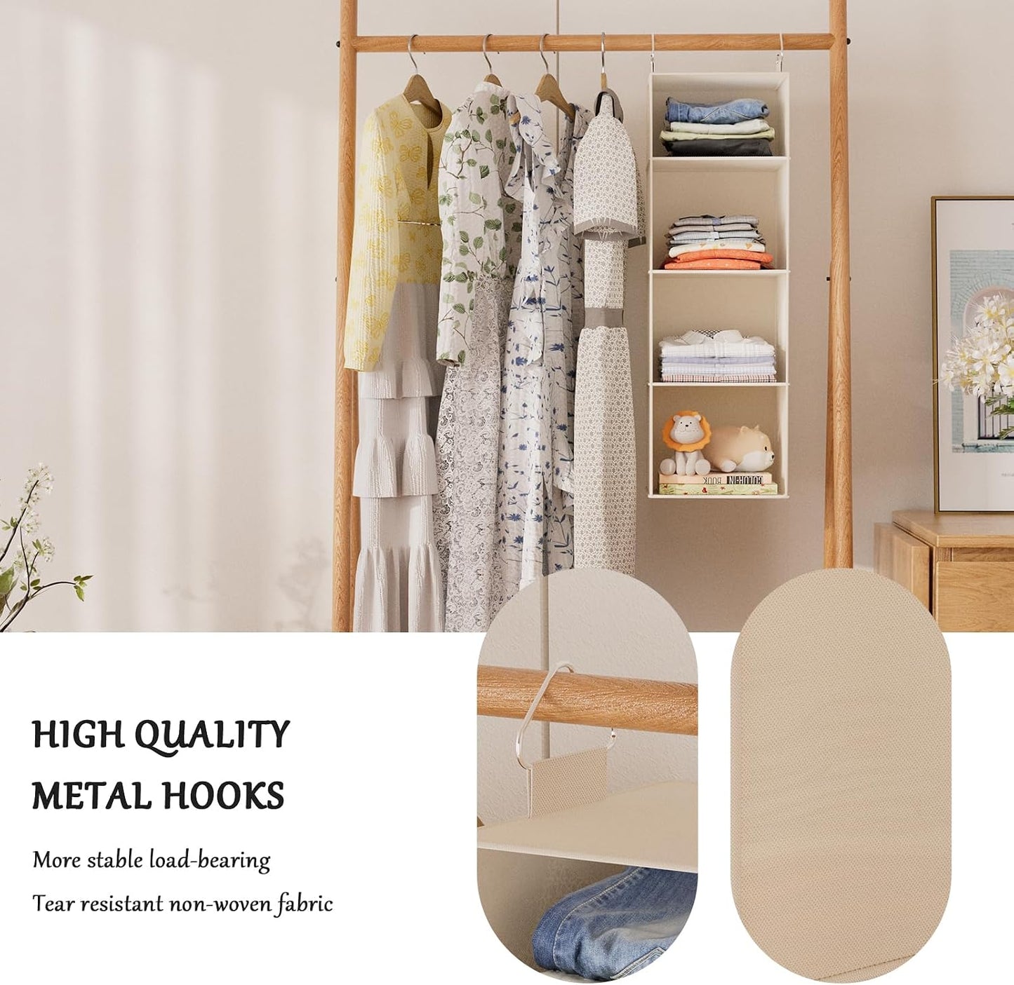Hanging Shoe Organizer for Closet with 8 Shelves,Mesh Pockets-Wider Hanging Shelves for Shoes,Clothes,Hats with Sturdy Bamboo-Supported Design (Beige)