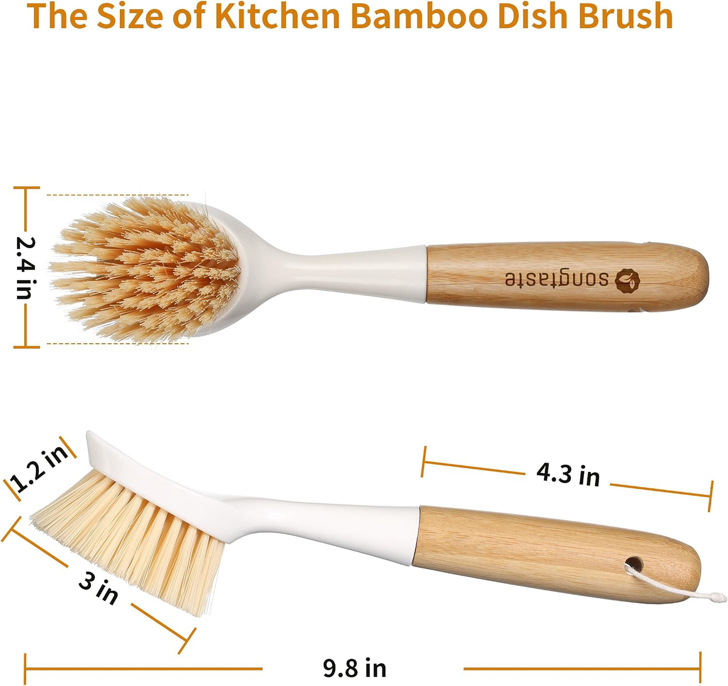 2 Pack Kitchen Dish Brush Bamboo Handle Dish Scrubber Built-in Scraper, Scrub Brush for Pans, Pots, Kitchen Sink Cleaning, Dishwashing and Cleaning Brushes are Perfect Cleaning Tools, White