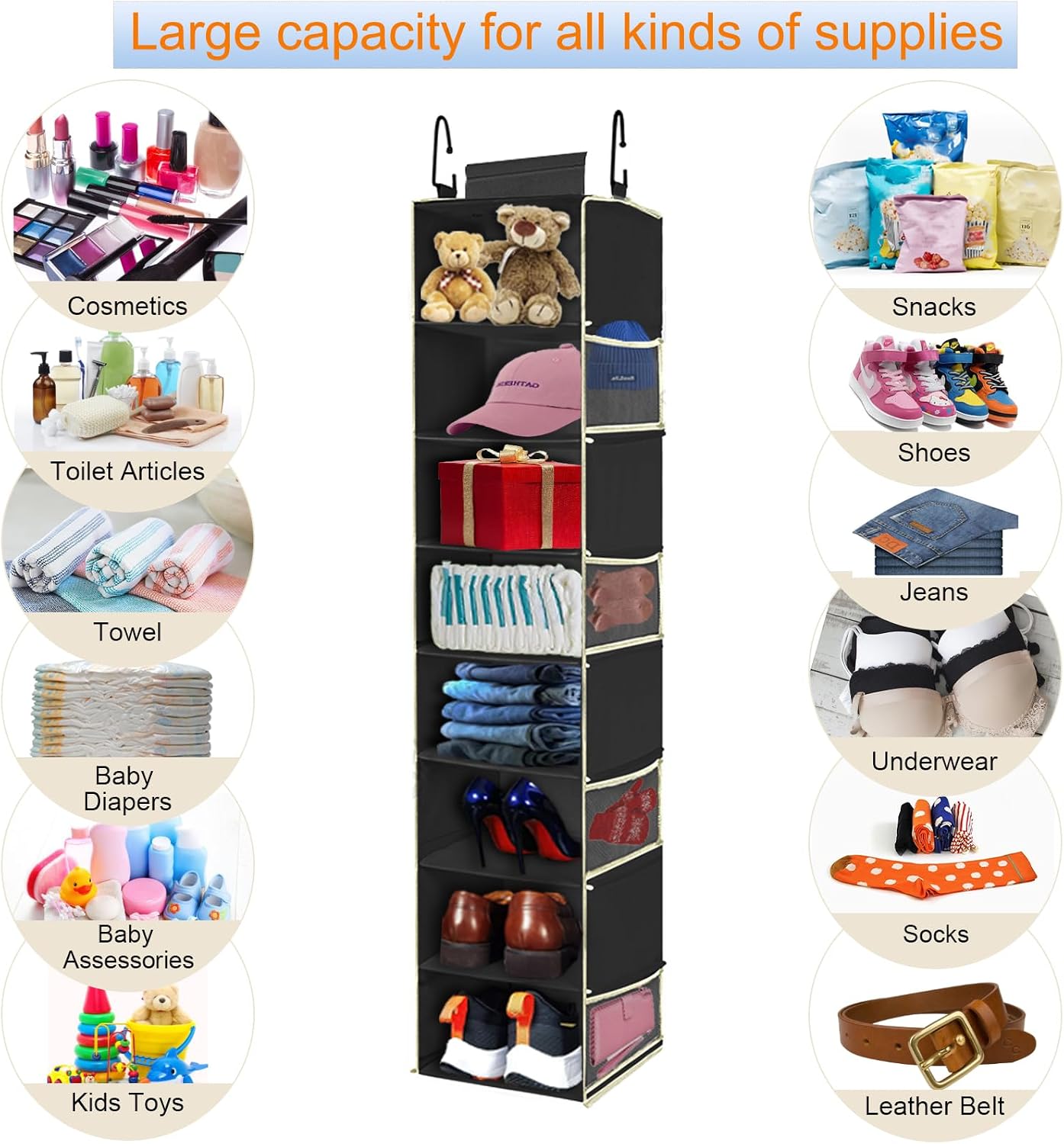 Large-Sized Hanging Shoe Organizer 8-Shelf, Hanging Closet Organizer with 8 Side Pockets, Wider Hanging Shelves for Storage Shoes Clothes 9" W × 11.8" D× 48" H, Grey