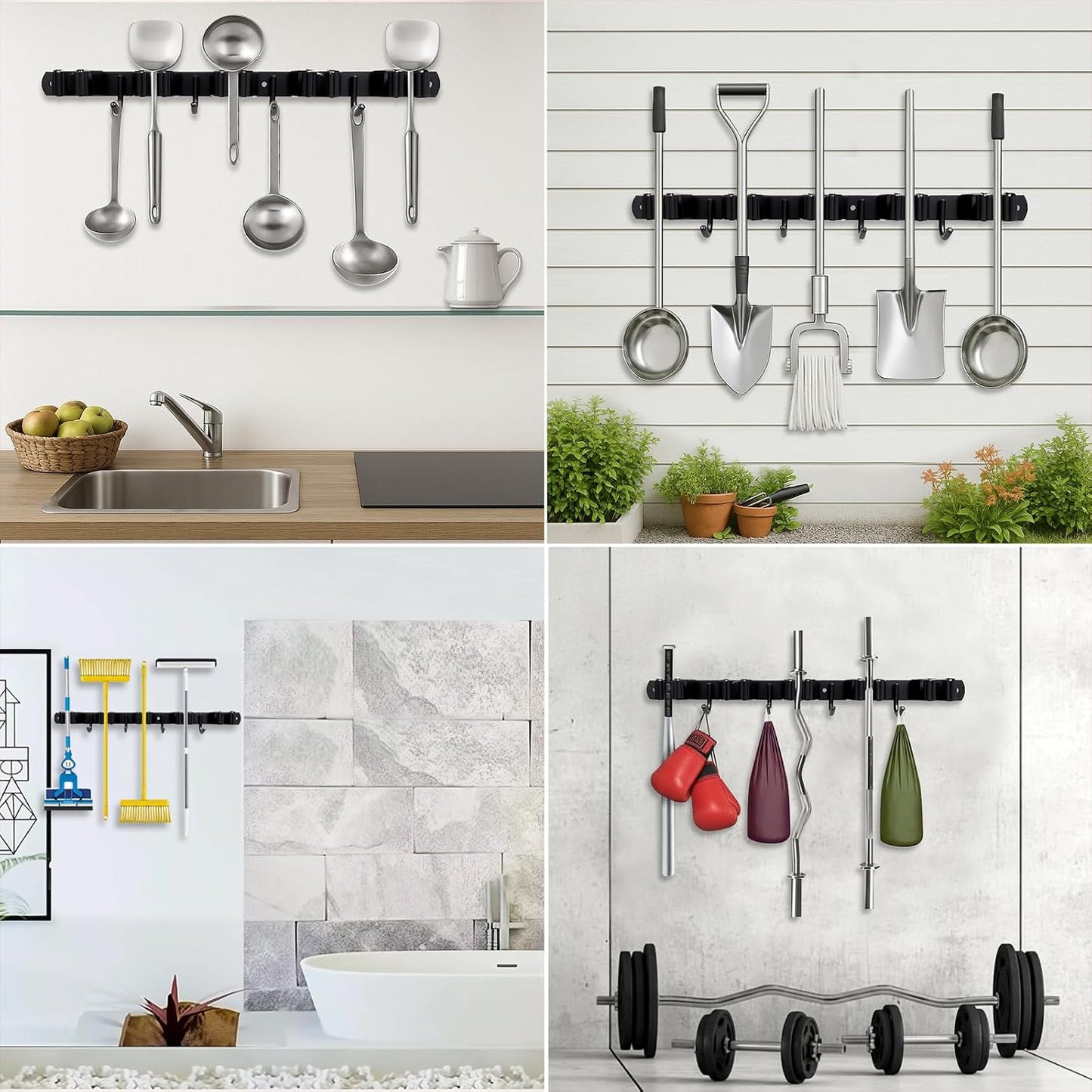SUS304 5 Racks and 4 Hooks Mop and Broom Holder Wall Mount | Heavy Duty Self Adhesive Solid Non-slip Broom Organizer Storage Tool Racks for Home Kitchen Garden Laundry Garage