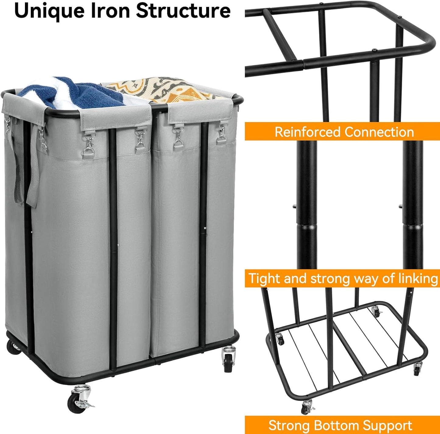 WOWLIVE Laundry Hamper with Wheels 260L Rolling Laundry Basket 3 Section Organizer Laundry Cart with Steel Frame and Removable Bags Large Dirty Clothes Hamper Dorm Room Storage for Bedroom