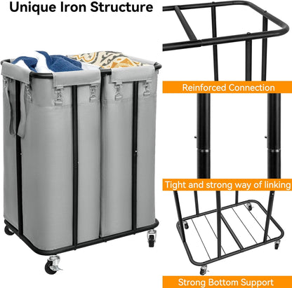 WOWLIVE Laundry Hamper with Wheels 260L Rolling Laundry Basket 3 Section Organizer Laundry Cart with Steel Frame and Removable Bags Large Dirty Clothes Hamper Dorm Room Storage for Bedroom